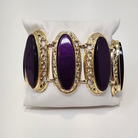 Purple Oval Gold Tone Panel Oversized Cuff Link Bracelet Dramatic Statement - Picture 1 of 6